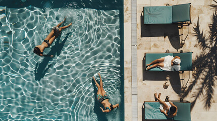 Wall Mural - Relaxing by the pool, sunbeds lined up, people enjoying the sunny day, soaking in the sun.