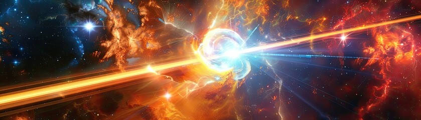 Poster - Vibrant cosmic explosion with rays of light illuminating the vast universe, showcasing stunning colors and celestial energy.