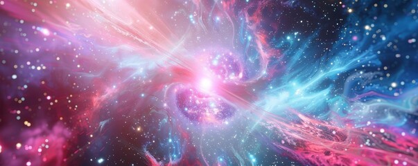 Poster - A stunning cosmic explosion of colors in the galaxy, featuring vibrant pinks and blues among scattered stars.