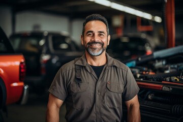 Wall Mural - Smiling portrait of a middle aged car mechanic in workshop