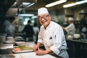 Wall Mural - Smiling portrait of a senior male sushi chef in kitchen