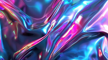 Poster - Vibrant holographic fluid texture with flowing colors of pink, blue, and purple, perfect for backgrounds and abstract art.