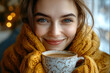 © Oleksii - Portrait of joyful young woman enjoying a cup of coffee at home. Smiling pretty girl drinking hot coffee in winter.