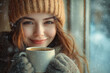 © Oleksii - Portrait of joyful young woman enjoying a cup of coffee at home. Smiling pretty girl drinking hot coffee in winter.