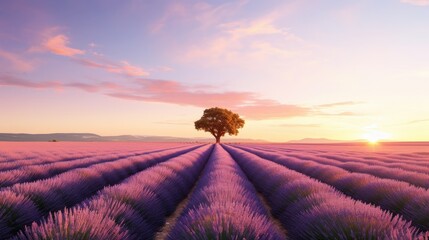 Poster - Lavender Field at Sunset with a Single Tree