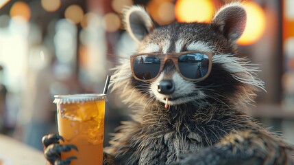 Racoon with sunglasses with cocktail drink in summer time funny animal