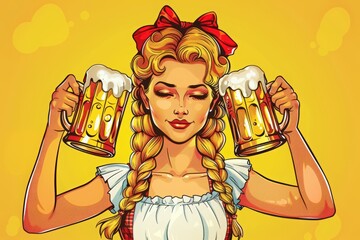 comic pop art style, a beautiful blonde woman in traditional German dress holding two beer mugs with foam on her hands. Oktoberfest celebration, in the cartoon comic book style, yellow background