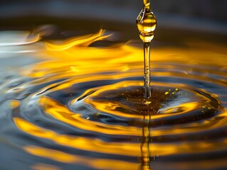 Poster - Dramatic Drop of Oil Falling into a Tranquil Water Pool Producing Mesmerizing Ripples and Reflections