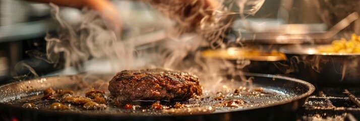 Canvas Print - Close up of a chef frying a beef patty for a burger in the professional kitchen of an Italian restaurant