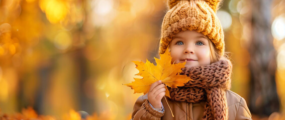 Sticker - Little girl holding autumn leaf.