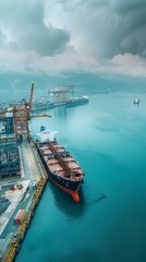 Poster - Aerial View of Oil Tanker Docked at Busy Port with Cranes Handling Cargo
