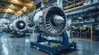 © นายเวิ่น เว้อ - A large jet engine is on display in a factory. The engine is surrounded by other engines and is on a stand. The factory is filled with machinery and the atmosphere is industrial