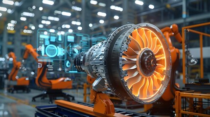 Wall Mural - A large jet engine is on display in a factory. The engine is surrounded by other engines and is on a stand. The factory is filled with machinery and the atmosphere is industrial