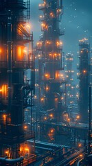 Poster - Futuristic Oil Refinery Processing Plant Glowing in the Night with Advanced Technology