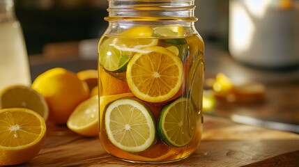 Aufkleber - Freshly sliced lemons and limes are infused in clear liquid, stored in a jar on a wooden table, ready to be enjoyed.