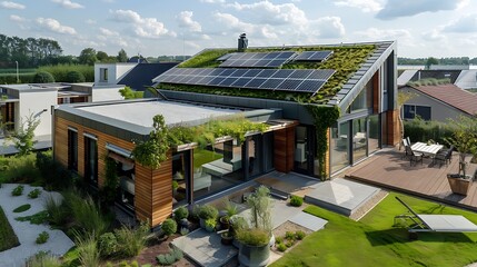 Modern Eco-Friendly House with Green Roof and Solar Panels