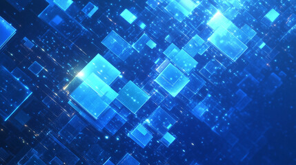Fototapete - Abstract blue background featuring glowing digital squares, representing the flow of digital data and information in the cyber space world. This futuristic geometric pattern embodies the essence of co