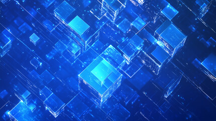 Fototapete - Abstract blue background featuring glowing digital squares, representing the flow of digital data and information in the cyber space world. This futuristic geometric pattern embodies the essence of co