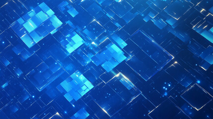 Abstract blue background featuring glowing digital squares, representing the flow of digital data and information in the cyber space world. This futuristic geometric pattern embodies the essence of co