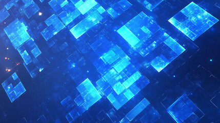 Fototapete - Abstract blue background featuring glowing digital squares, representing the flow of digital data and information in the cyber space world. This futuristic geometric pattern embodies the essence of co