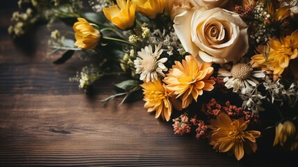 Poster - Closeup of Yellow Flowers on a Wooden Surface