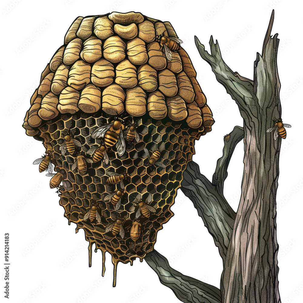 A detailed illustration of a beehive with bees, showcasing the ...
