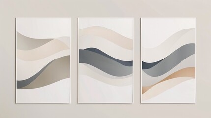 Fototapete - A trio of contemporary abstract posters with a continuous minimalistic pattern, elegantly displayed on a pristine white background