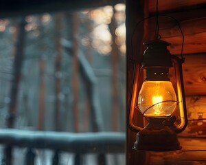 Canvas Print - Warm Glowing Oil Lamp Hanging in Rustic Winter Cabin Interior