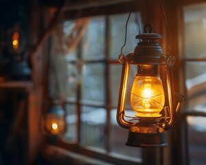 Poster - Warm and Inviting Rustic Oil Lamp Casting Comforting Glow in Cozy Cabin Interior