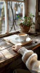 Sticker - Cozy Caf Moment with Book and Hot Beverage on Rustic Wooden Table