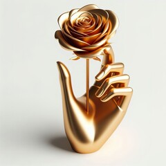 minimalist 3d gold hand holding a rose, white background