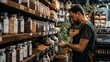 © Miso Ai - A bearded man in an apron works behind the counter at a small, rustic grocery store.  He is stocking shelves filled with jars of various spices and grains.