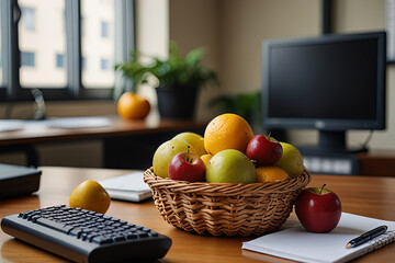 A basket of fresh fruit on an office desk, promoting a healthy workspace environment with a computer in the background