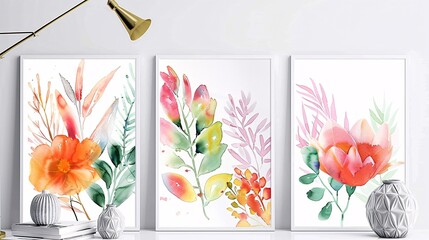 Poster - Three watercolor art posters with a continuous image, creating a harmonious and stylish wall display on a white background