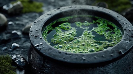 Witch's cauldron filled with bubbling green potion.