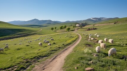 Wall Mural - Sheep Grazing in a Green Meadow with a Winding Road and Mountain Views