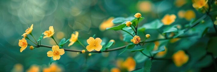 Wall Mural - Blurred close up of beautiful small yellow flowers and green leaves of Momordica charantia L creating a serene natural background