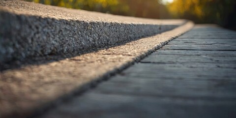 Poster - A sidewalk with a concrete curb and a wooden boardwalk