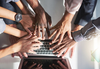 Wall Mural - Business people, office and hands on laptop for teamwork on company task and digital project management. Above, closeup and group with technology for research collaboration, diversity and connection.