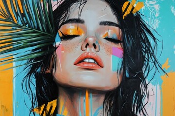 Vibrant urban art portrait of woman with tropical elements