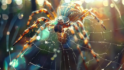 brown white spider is moving on a web