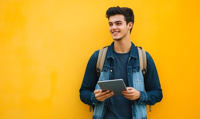 Wall Mural - Smiling Young Man Using Tablet Against Yellow Wall.