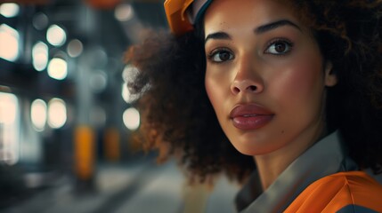 Close-up of a beautiful black female engineer wearing a helmet.