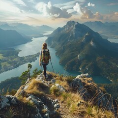 Sticker - Solitary Hiker Admiring Breathtaking Mountain Landscape During Outdoor Adventure