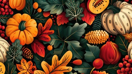 Poster - Autumn decoration with gourds, foliage, and fruit