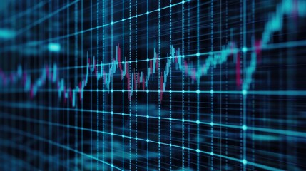 Poster - Financial growth and stock market concept depicted through a candlestick forex chart on a blue grid wallpaper. 3D rendering.