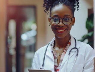 Ecstatic female doctor in clinic, embracing her profession with warmth and enthusiasm