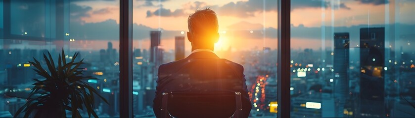 Poster - businessperson analyzing cloud data in a modern office setting with cityscape sunset silhouette