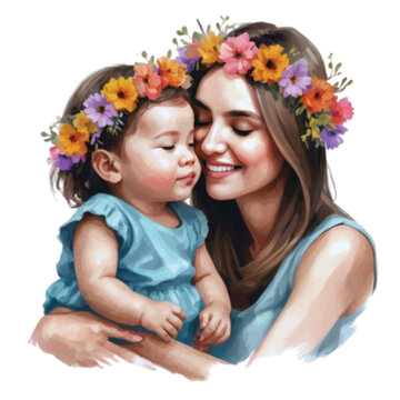 Mother and baby girl wearing flower crown adorable avatar illustration symbolizing their love through colorful natural flower 