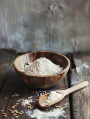 Wall Mural - Freshly ground flour in bowl, wood spoon next to it.